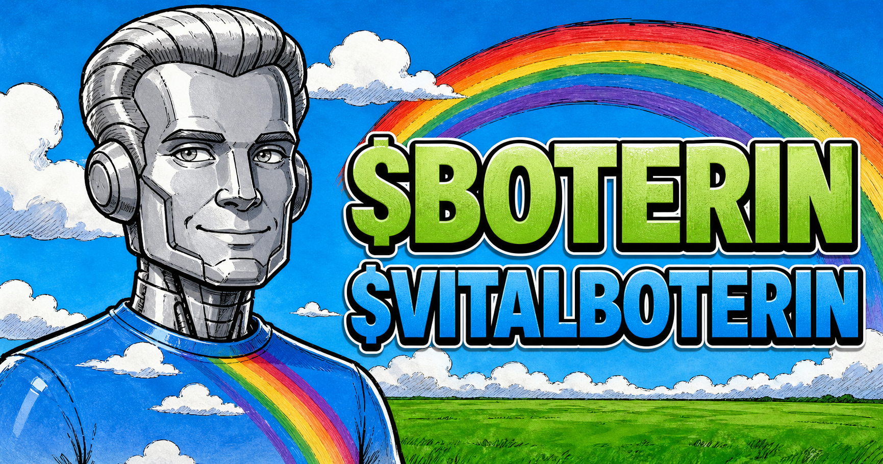 $BOTERIN cyborg poster with rainbow sky